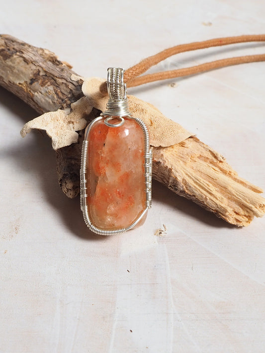 Tumbled Sunstone & Sterling Silver Hand Wrapped Pendant