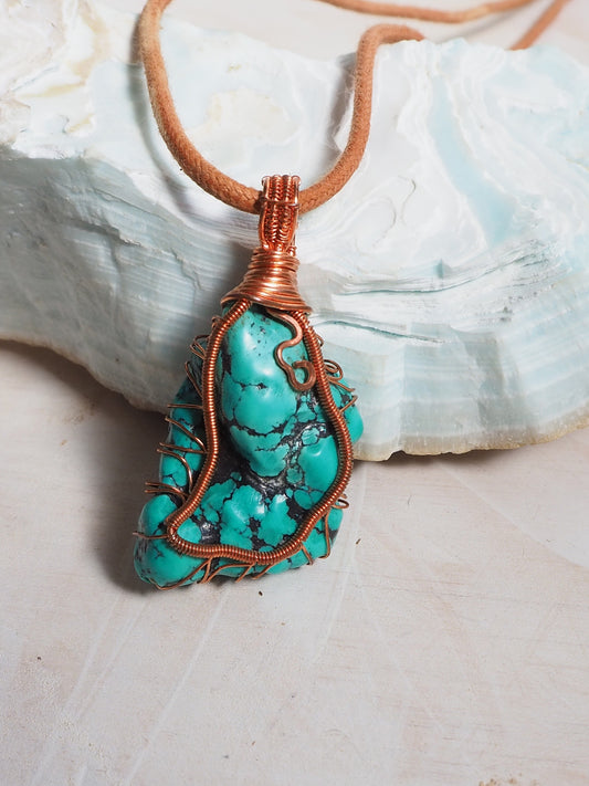 Freeform Turquoise & Copper Hand Wrapped Pendant