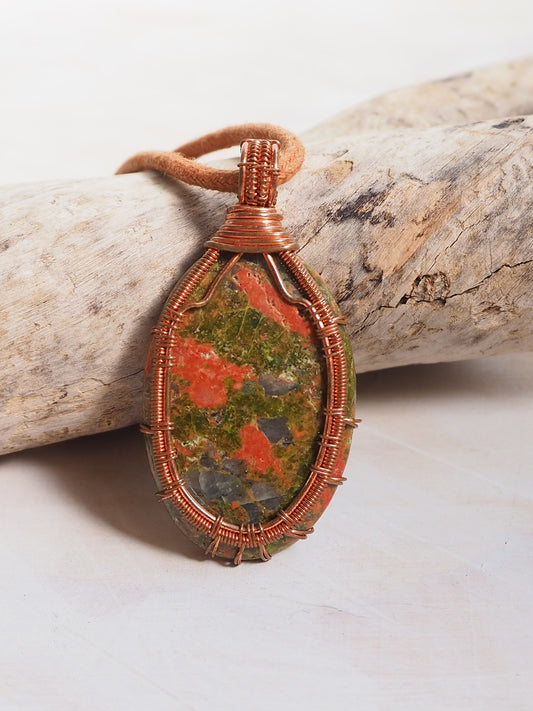 Unakite Cabochon Hand Wrapped with Copper