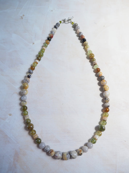 Lace Agate and Green Garnet Hand Beaded Necklace