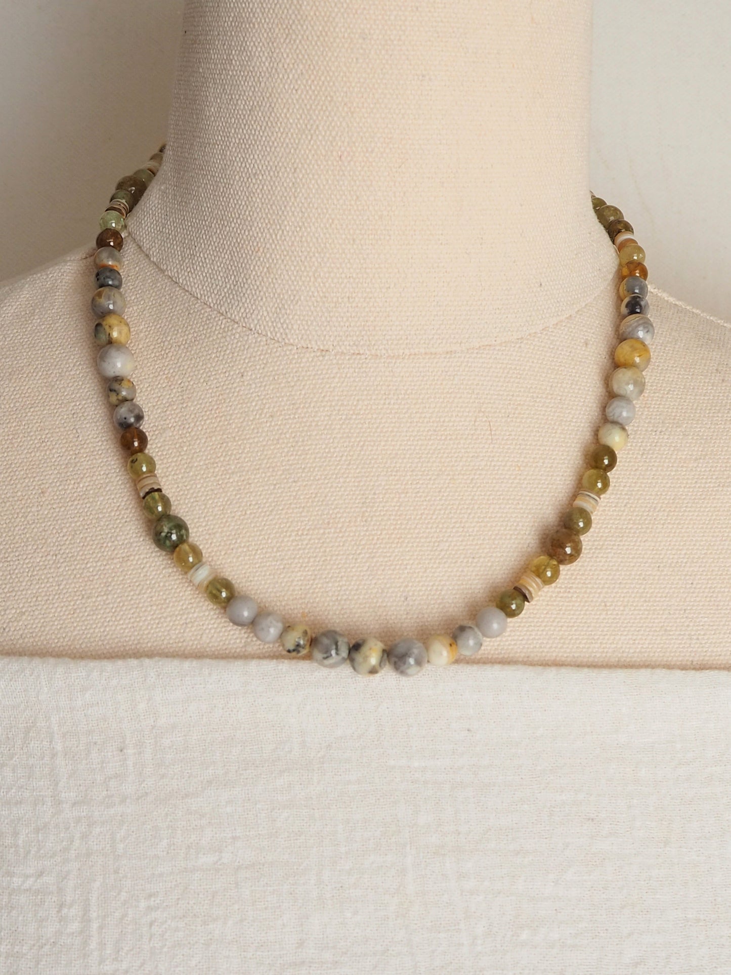 Lace Agate and Green Garnet Hand Beaded Necklace